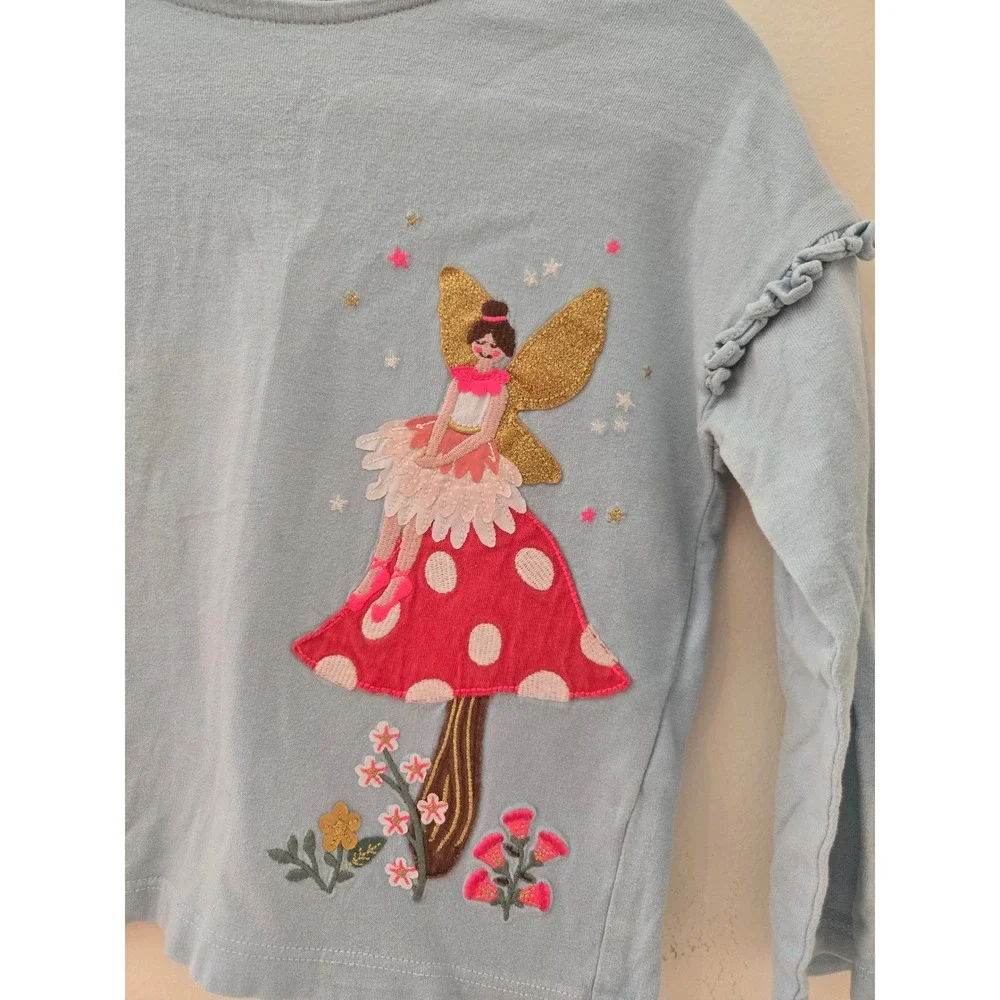 Mini Boden Girls Blue Fairy Mushroom Embroidered Long Sleeve Top 3-4Y 104cm